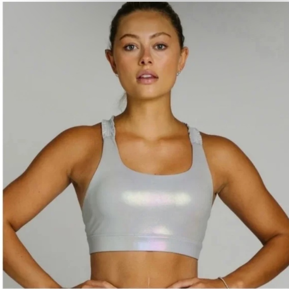 Zyia Light and Tight Sports Bra Ruffle Straps Silver Sparkle Size XL